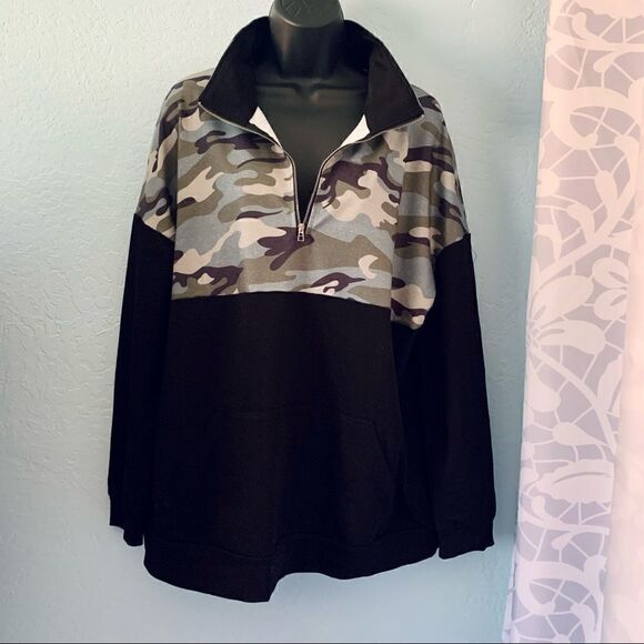 Black Color Block Camouflage 3/4 Zip Pullover Sweatshirt Size XL - Picture 4 of 9
